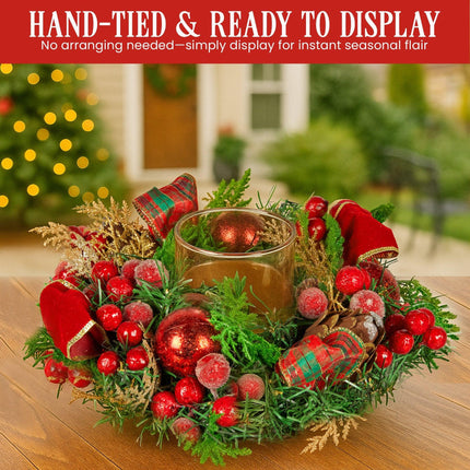 Christabelle 26cm Christmas Centrepiece Lush Green Holiday Display w/Red Berries & Hurricane Candle Holder Pre-decorated for Dining Table Console.