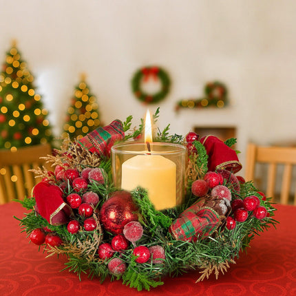 Christabelle 26cm Christmas Centrepiece Lush Green Holiday Display w/Red Berries & Hurricane Candle Holder Pre-decorated for Dining Table Console.