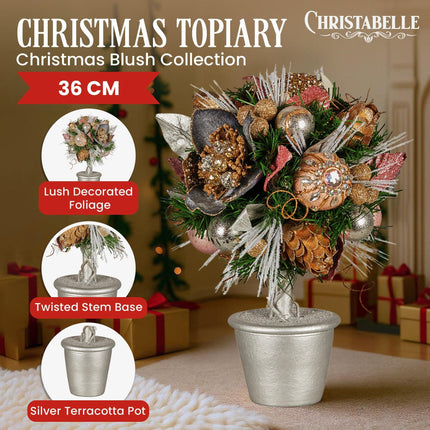 Christabelle 36cm Christmas Tabletop Topiary Tree Jewelled Baubles, Berries, Flowers and Pine Cones Festive Decoration.
