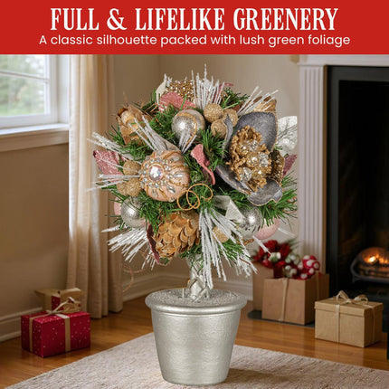 Christabelle 36cm Christmas Tabletop Topiary Tree Jewelled Baubles, Berries, Flowers and Pine Cones Festive Decoration.