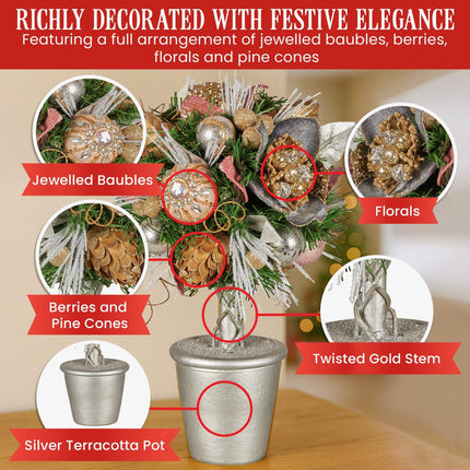 Christabelle 36cm Christmas Tabletop Topiary Tree Jewelled Baubles, Berries, Flowers and Pine Cones Festive Decoration.