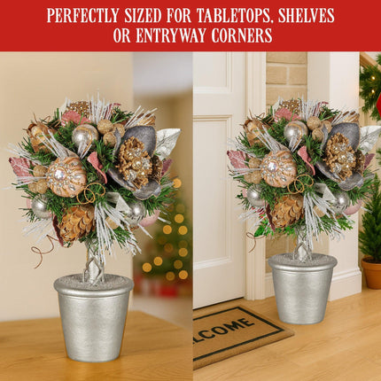Christabelle 36cm Christmas Tabletop Topiary Tree Jewelled Baubles, Berries, Flowers and Pine Cones Festive Decoration.