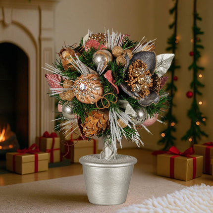 Christabelle 36cm Christmas Tabletop Topiary Tree Jewelled Baubles, Berries, Flowers and Pine Cones Festive Decoration.