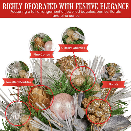 Christabelle 33cm Christmas Bouquet Pre Decorated Holiday Floral Arrangement w/Jewelled Baubles, Berries, Flowers & Pine.