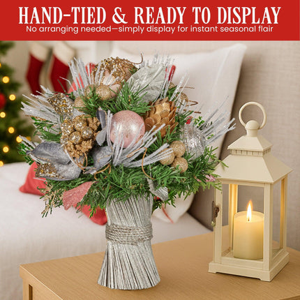 Christabelle 33cm Christmas Bouquet Pre Decorated Holiday Floral Arrangement w/Jewelled Baubles, Berries, Flowers & Pine.