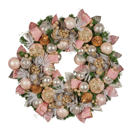 Christabelle 71cm Christmas Wreath Lush Pink Front Door Decoration Jewelled Baubles Flowers Pine Cones Ribbons Ornaments.
