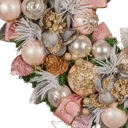 Christabelle 71cm Christmas Wreath Lush Pink Front Door Decoration Jewelled Baubles Flowers Pine Cones Ribbons Ornaments.