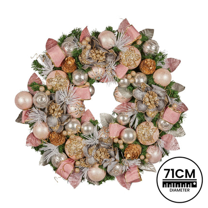 Christabelle 71cm Christmas Wreath Lush Pink Front Door Decoration Jewelled Baubles Flowers Pine Cones Ribbons Ornaments.