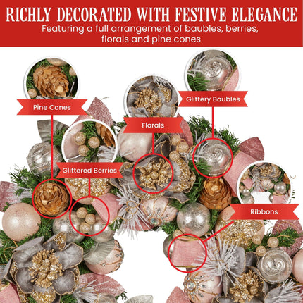 Christabelle 71cm Christmas Wreath Lush Pink Front Door Decoration Jewelled Baubles Flowers Pine Cones Ribbons Ornaments.