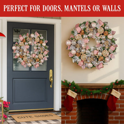 Christabelle 71cm Christmas Wreath Lush Pink Front Door Decoration Jewelled Baubles Flowers Pine Cones Ribbons Ornaments.