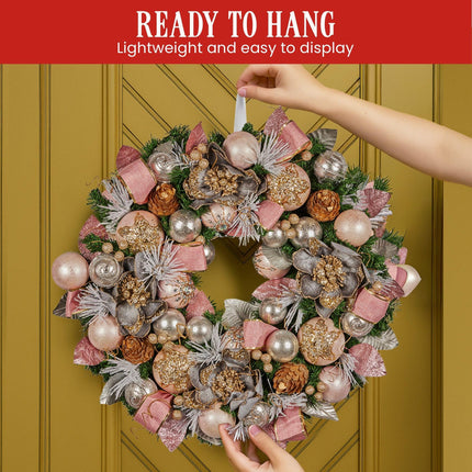 Christabelle 71cm Christmas Wreath Lush Pink Front Door Decoration Jewelled Baubles Flowers Pine Cones Ribbons Ornaments.