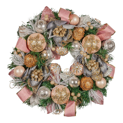 Christabelle 56cm Christmas Wreath Lush Pink Front Door Decoration Jewelled Baubles Flowers Pine Cones Ribbons Ornaments.