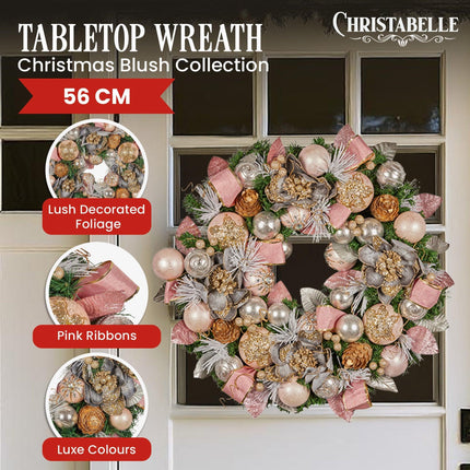 Christabelle 56cm Christmas Wreath Lush Pink Front Door Decoration Jewelled Baubles Flowers Pine Cones Ribbons Ornaments.