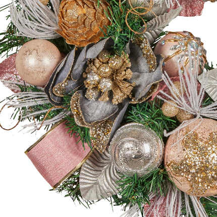 Christabelle 56cm Christmas Wreath Lush Pink Front Door Decoration Jewelled Baubles Flowers Pine Cones Ribbons Ornaments.