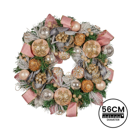 Christabelle 56cm Christmas Wreath Lush Pink Front Door Decoration Jewelled Baubles Flowers Pine Cones Ribbons Ornaments.