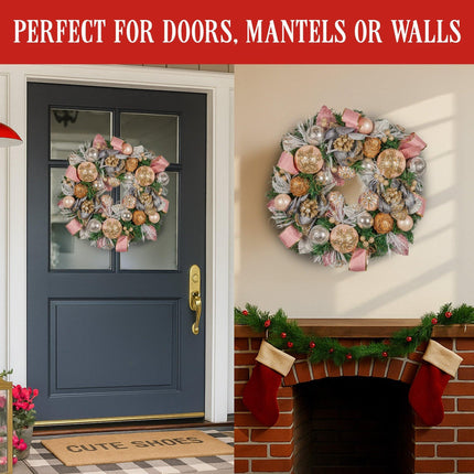 Christabelle 56cm Christmas Wreath Lush Pink Front Door Decoration Jewelled Baubles Flowers Pine Cones Ribbons Ornaments.