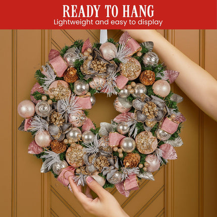 Christabelle 56cm Christmas Wreath Lush Pink Front Door Decoration Jewelled Baubles Flowers Pine Cones Ribbons Ornaments.