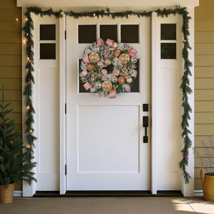 Christabelle 56cm Christmas Wreath Lush Pink Front Door Decoration Jewelled Baubles Flowers Pine Cones Ribbons Ornaments.