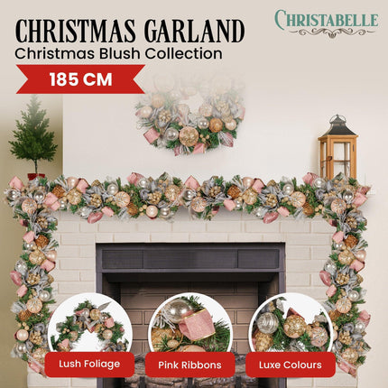 Christabelle Premium 1.8m Christmas Garland Jewelled Baubles & Berries Tree Decoration Ornament Pink Silver Gold.