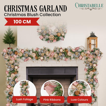 Christabelle Premium 100cm Christmas Garland Jewelled Baubles & Berries Tree Decoration Ornament Pink Silver Gold.