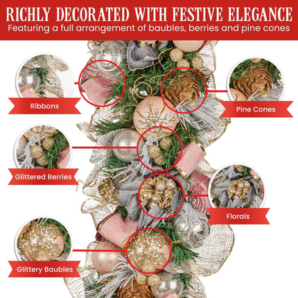 Christabelle Premium 100cm Christmas Garland Jewelled Baubles & Berries Tree Decoration Ornament Pink Silver Gold.