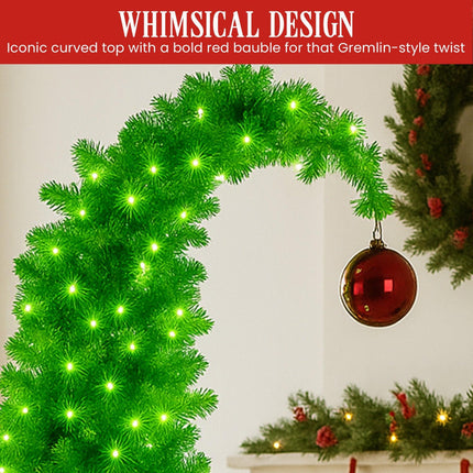 Christabelle 4ft Christmas Gremlin Tree Curved Top Red Bauble Built In Green & White LED Lights Foot Pedal Control.