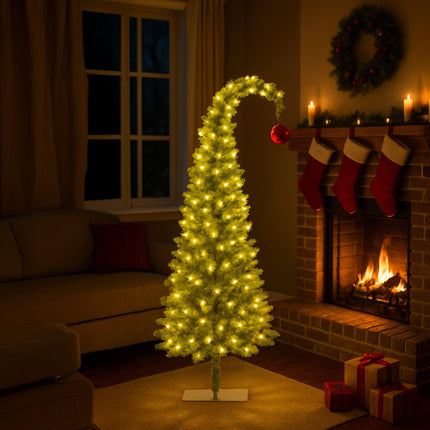 Christabelle 4ft Christmas Gremlin Tree Curved Top Red Bauble Built In Green & White LED Lights Foot Pedal Control.