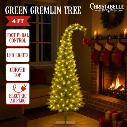 Christabelle 4ft Christmas Gremlin Tree Curved Top Red Bauble Built In Green & White LED Lights Foot Pedal Control.