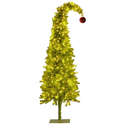 Christabelle 7.5ft Christmas Gremlin Tree Curved Top Red Bauble Built-in Green White LED Lights Control Base & Cord.