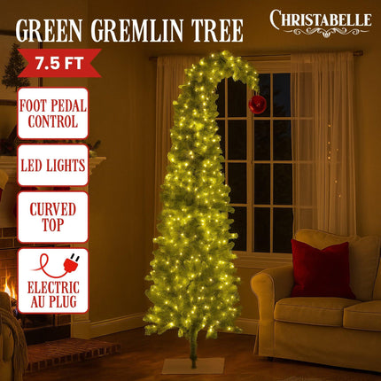 Christabelle 7.5ft Christmas Gremlin Tree Curved Top Red Bauble Built-in Green White LED Lights Control Base & Cord.