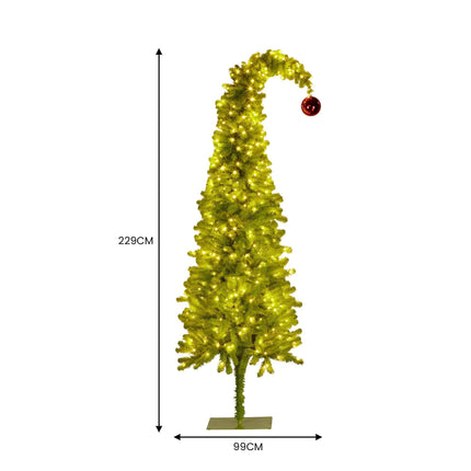 Christabelle 7.5ft Christmas Gremlin Tree Curved Top Red Bauble Built-in Green White LED Lights Control Base & Cord.