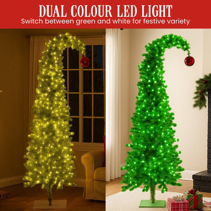 Christabelle 7.5ft Christmas Gremlin Tree Curved Top Red Bauble Built-in Green White LED Lights Control Base & Cord.