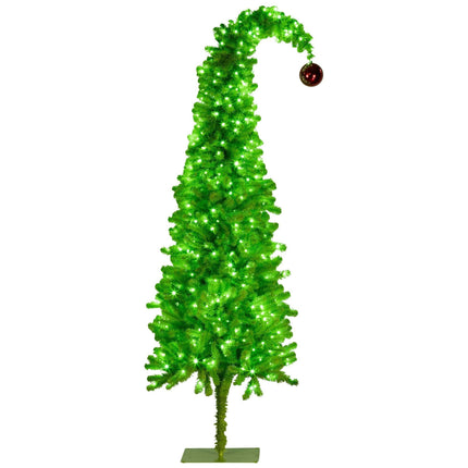 Christabelle 7.5ft Christmas Gremlin Tree Curved Top Red Bauble Built-in Green White LED Lights Control Base & Cord.