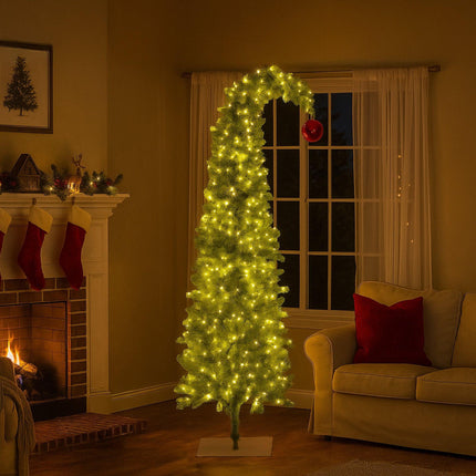 Christabelle 7.5ft Christmas Gremlin Tree Curved Top Red Bauble Built-in Green White LED Lights Control Base & Cord.