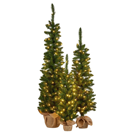 Christabelle Set of 3 Pre-Lit Christmas Trees Green Pine w/LED Lights, Hessian Base & Individual Plugs Varying Heights.