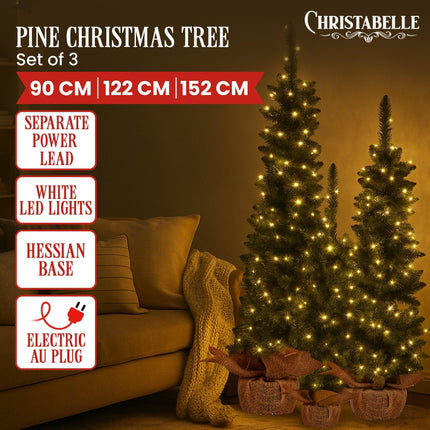 Christabelle Set of 3 Pre-Lit Christmas Trees Green Pine w/LED Lights, Hessian Base & Individual Plugs Varying Heights.