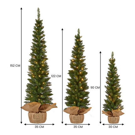 Christabelle Set of 3 Pre-Lit Christmas Trees Green Pine w/LED Lights, Hessian Base & Individual Plugs Varying Heights.