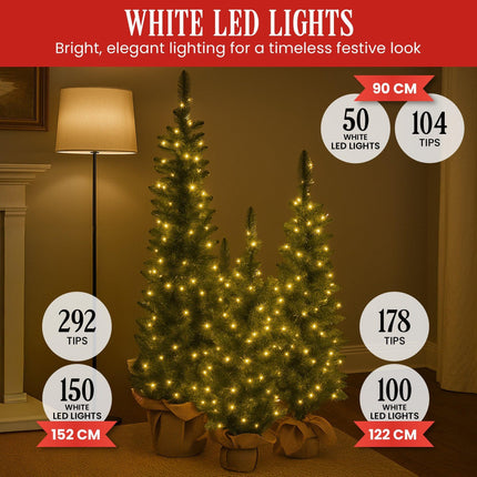 Christabelle Set of 3 Pre-Lit Christmas Trees Green Pine w/LED Lights, Hessian Base & Individual Plugs Varying Heights.