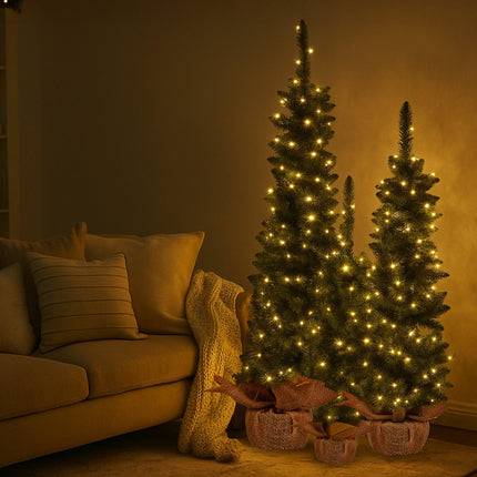 Christabelle Set of 3 Pre-Lit Christmas Trees Green Pine w/LED Lights, Hessian Base & Individual Plugs Varying Heights.
