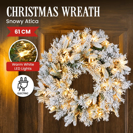 Christabelle Christmas Wreath Snowy Atica Pre-Lit with LED Lights Front Door Decoration Ornament.