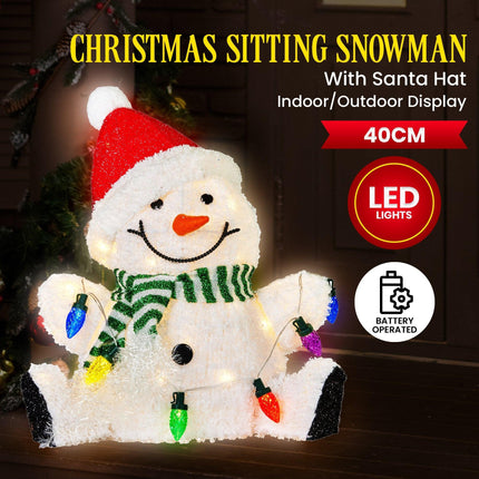 Christabelle Sitting Christmas Snowman Display With Lights - 40cm.