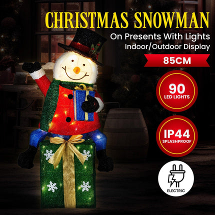 Christabelle 85cm Christmas Snowman On Presents Display with Lights.