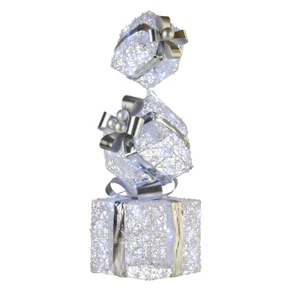 Christabelle 83cm Triple Christmas Silver Giftbox Stack Display with Lights.