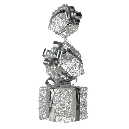 Christabelle 83cm Triple Christmas Silver Giftbox Stack Display with Lights.