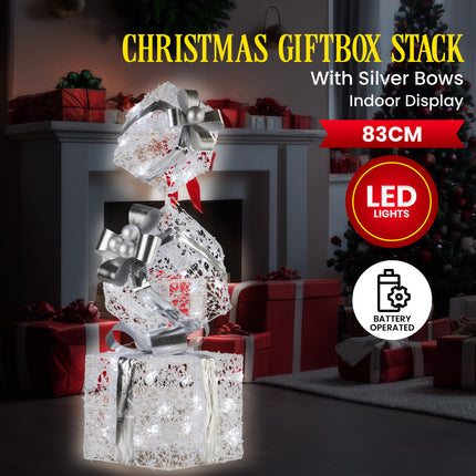 Christabelle 83cm Triple Christmas Silver Giftbox Stack Display with Lights.