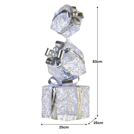 Christabelle 83cm Triple Christmas Silver Giftbox Stack Display with Lights.