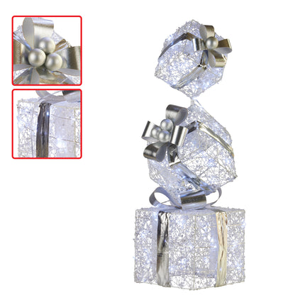 Christabelle 83cm Triple Christmas Silver Giftbox Stack Display with Lights.