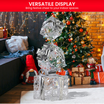 Christabelle 83cm Triple Christmas Silver Giftbox Stack Display with Lights.