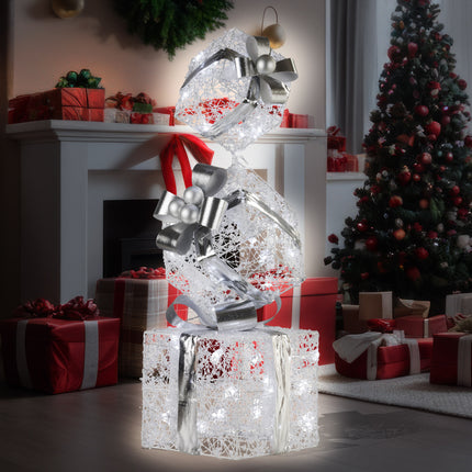 Christabelle 83cm Triple Christmas Silver Giftbox Stack Display with Lights.