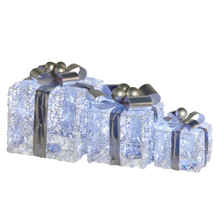 Christabelle Swishmas Set Of 3 Christmas Gift Boxes With Lights With Jewelled Wire And Silver Bows.